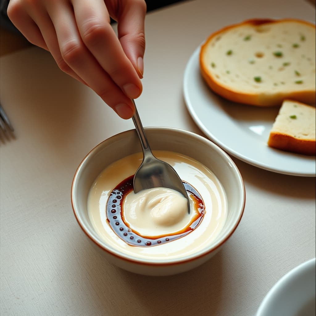 An adult hand passes a bowl of swirled tahini and pekmez beside a plate of bread at breakfast.
