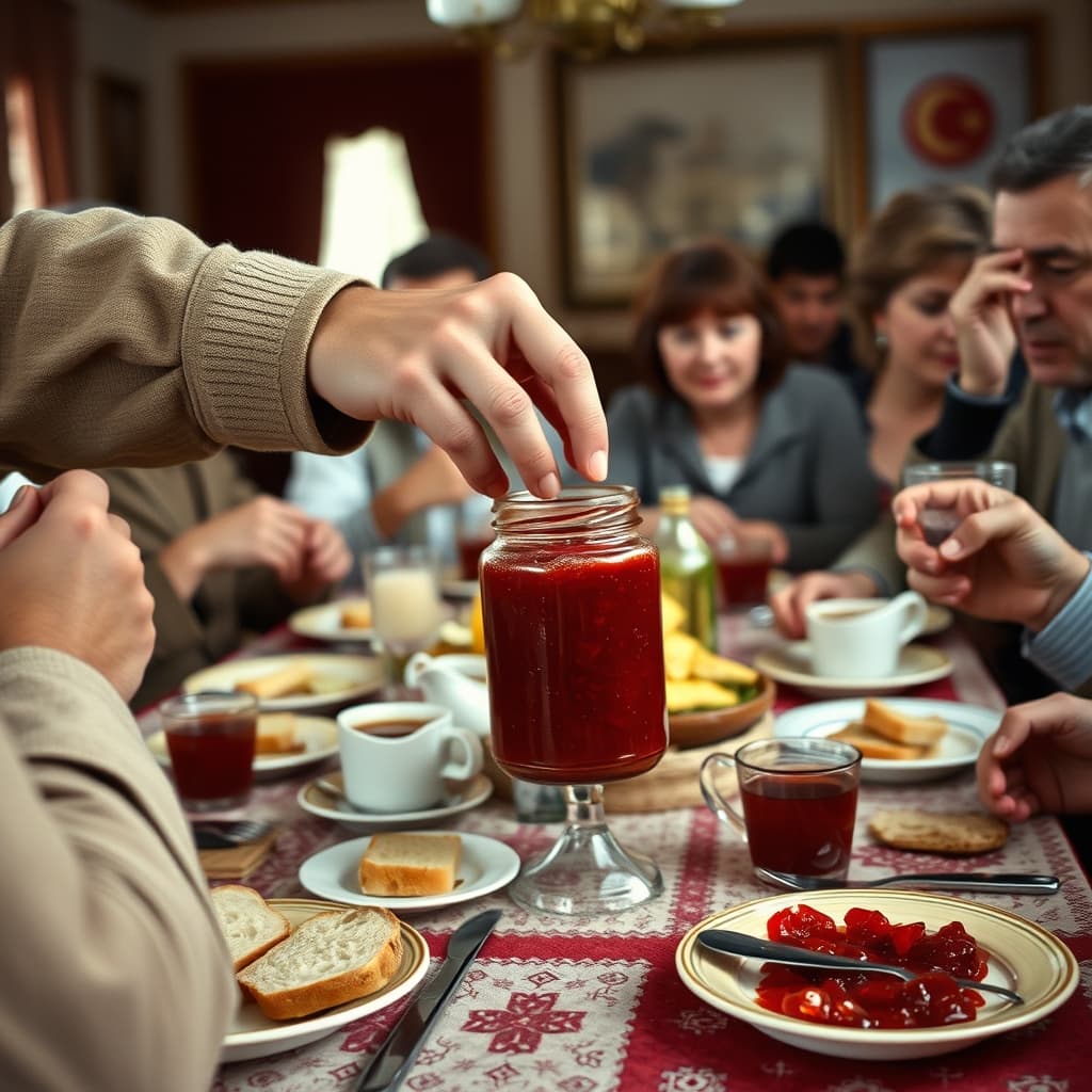 A jar of deep red rosehip marmalade is passed across a family breakfast table with bread and tea.