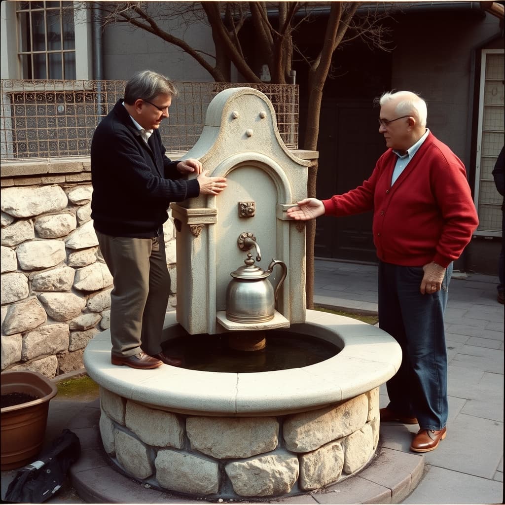 Two neighbours in cardigans greet each other beside a stone fountain as a metal water vessel is set down.