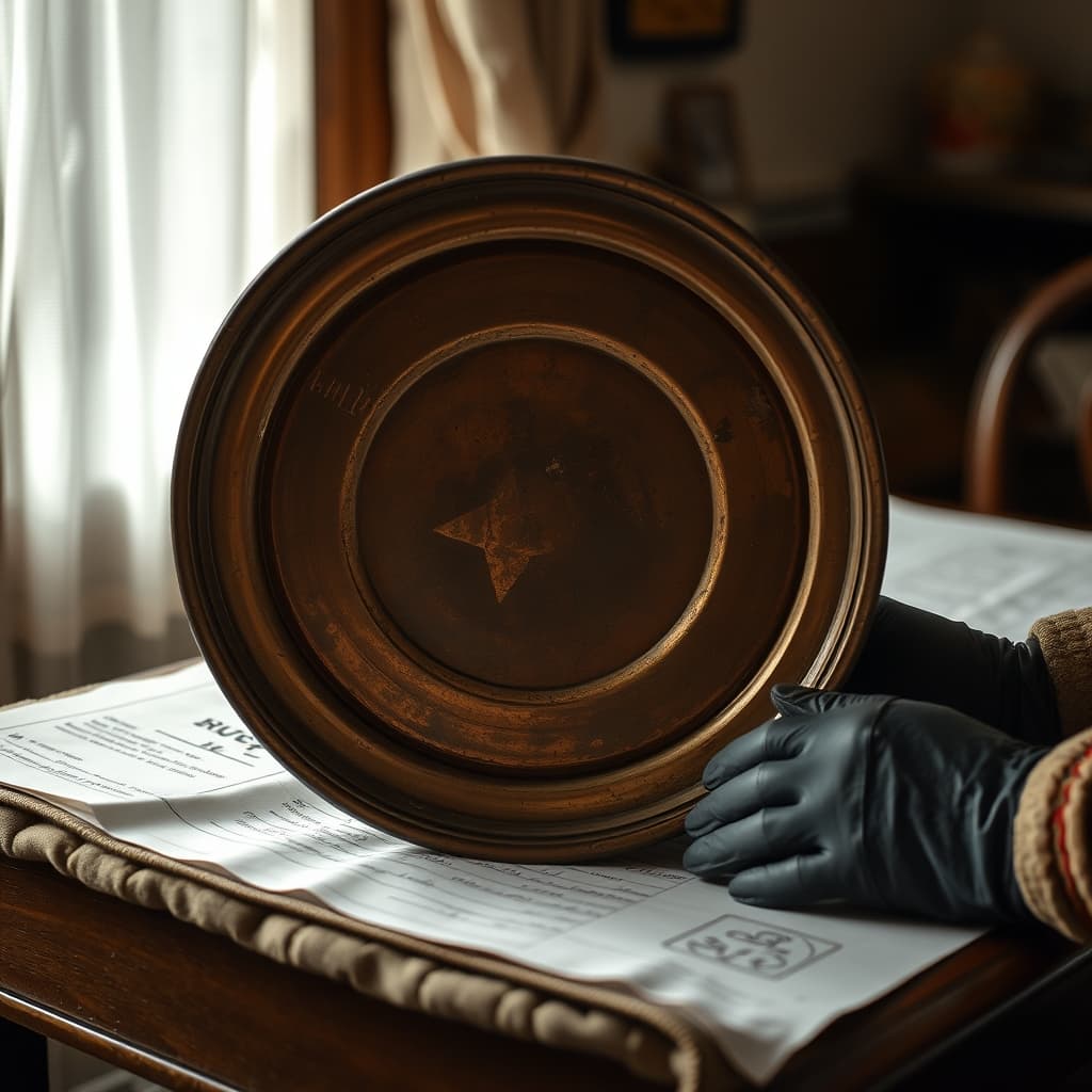 A copper sahan rests upside down while angled light reveals heat marks, scratches and an old repair on its base.