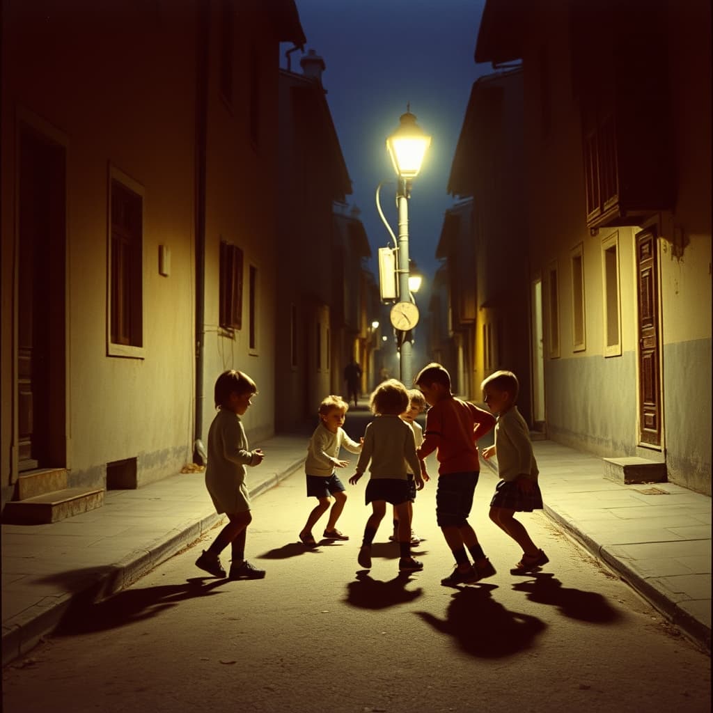 Children play inside a streetlamp’s pool of light while adults watch from nearby doorways.
