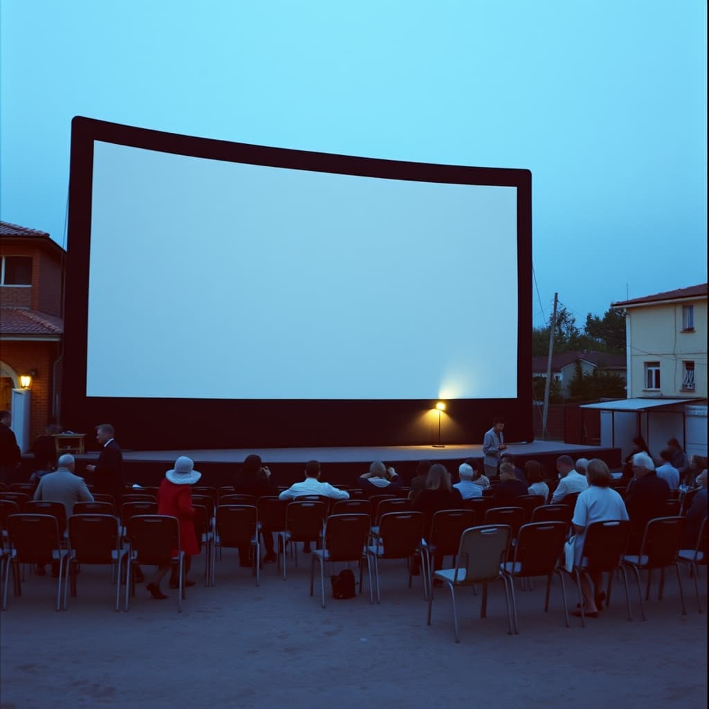 People find seats in a courtyard cinema at twilight while a worker adjusts chairs before the blank screen.