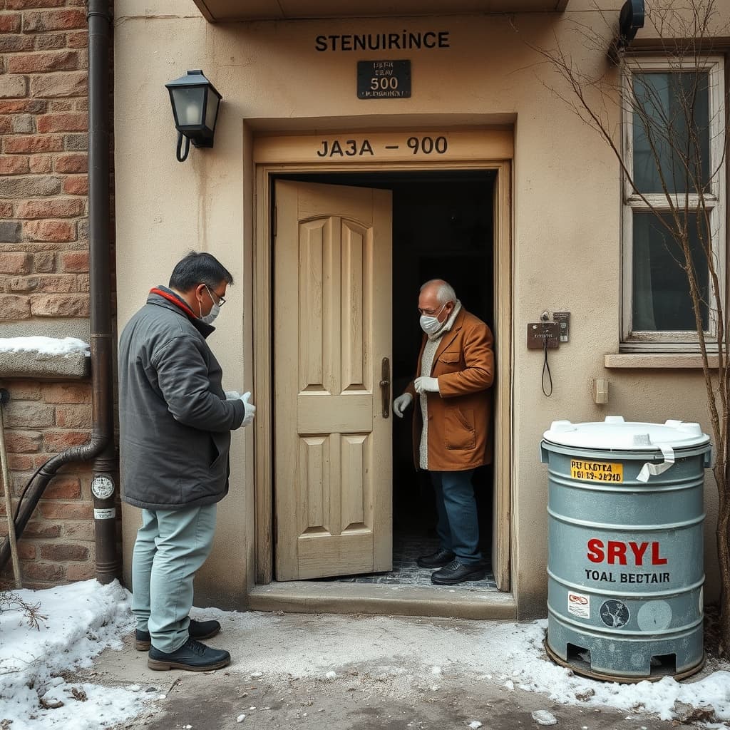 Residents carefully clean residual winter dust near a closed coal-cellar door in an apartment entrance.