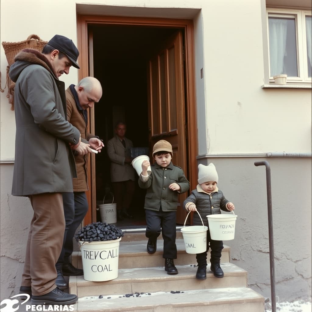 Adults divide a coal delivery while an older child carries a small supervised load near an apartment entrance.
