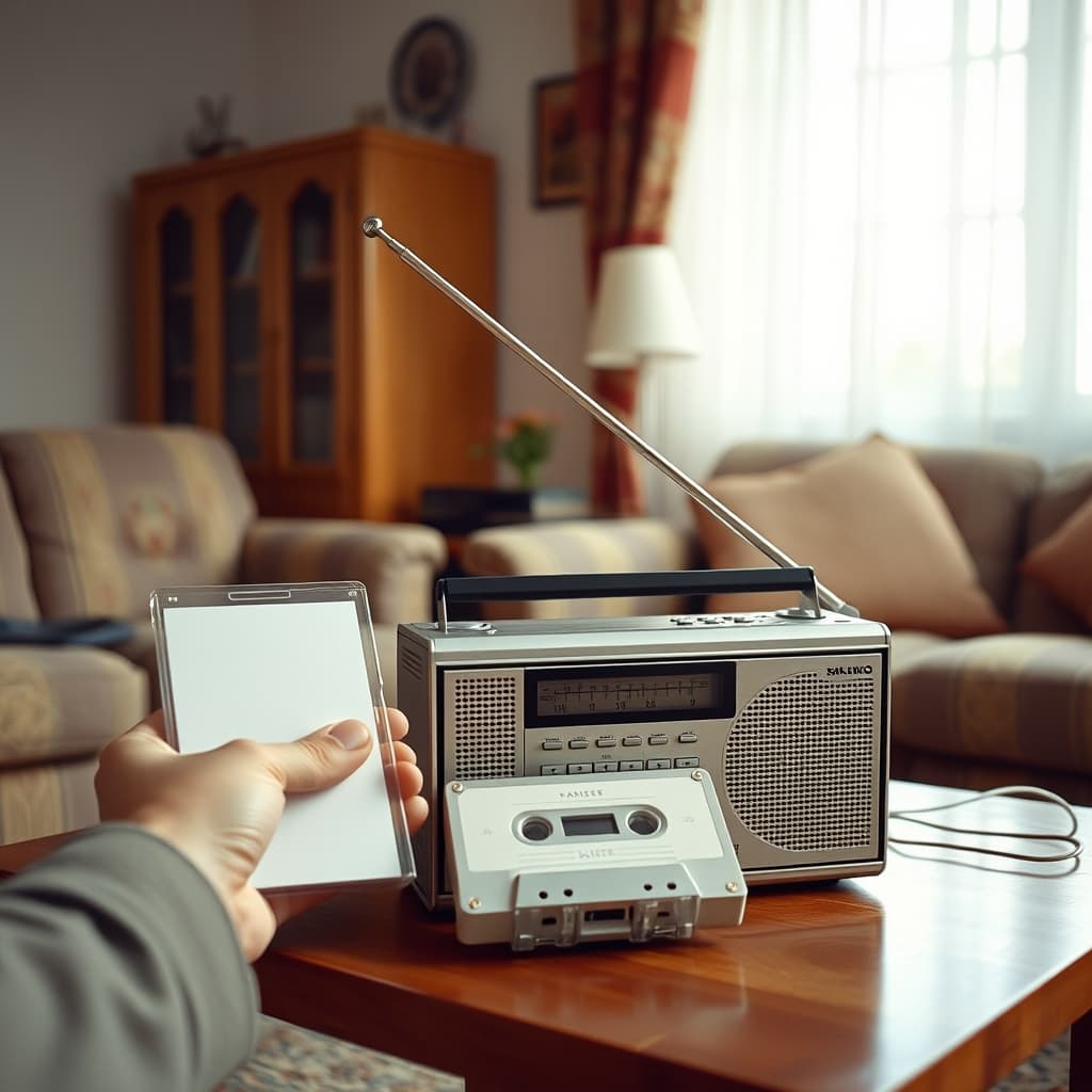 A hand holds a cassette beside a radio-cassette player with an extended antenna on a sitting-room table.