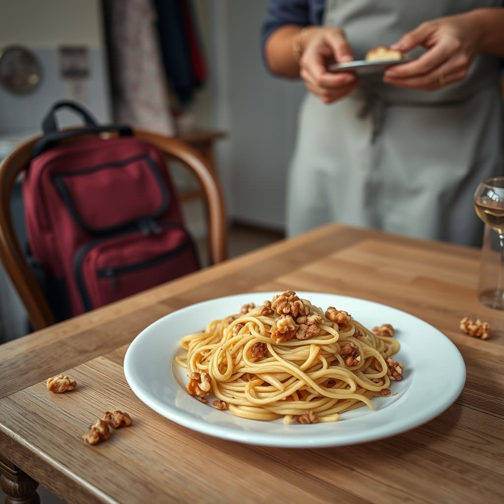 A cook serves walnut erişte noodles at a family table beside a child’s school bag.