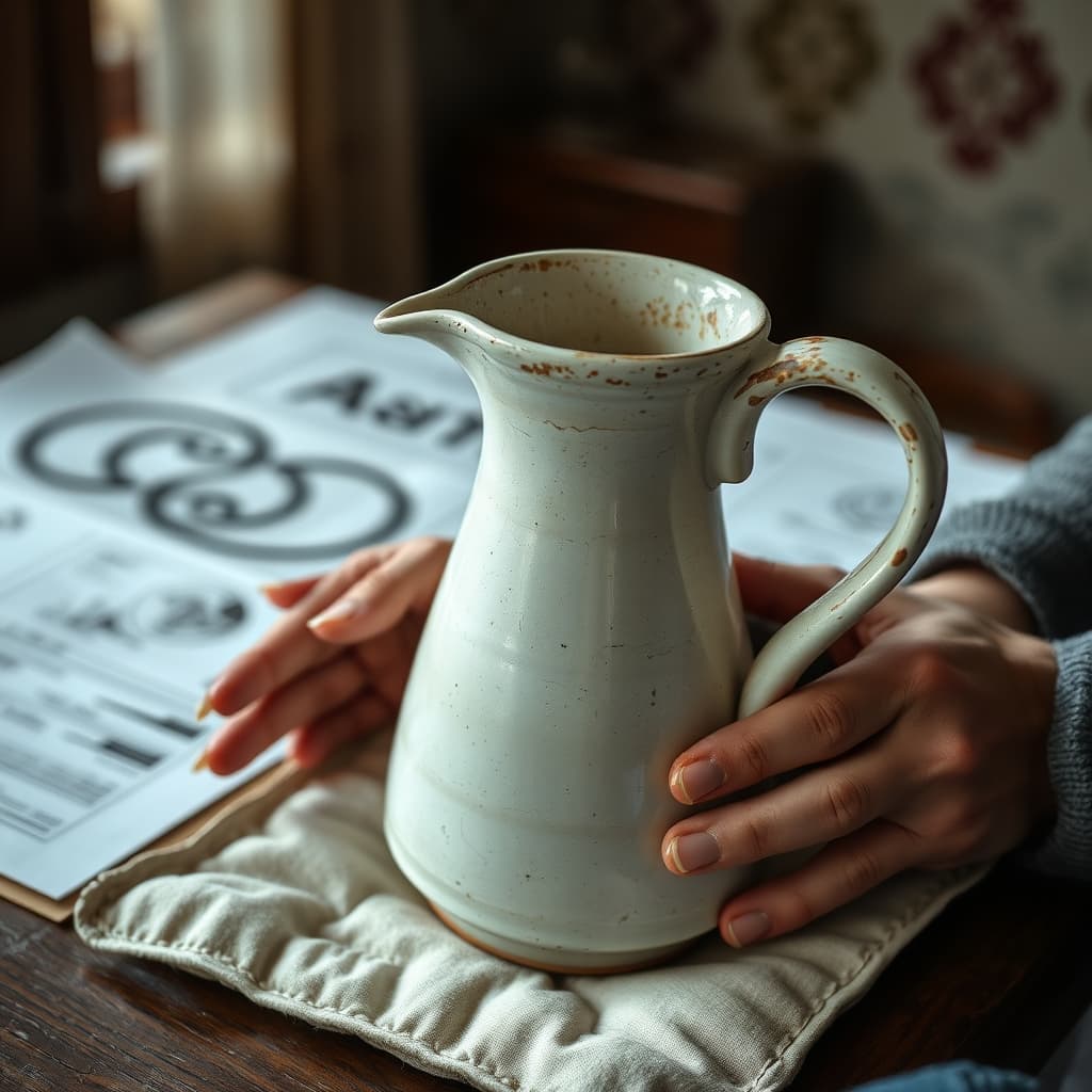 Adult hands support the base of an empty ceramic pitcher with visible glaze cracks and a repaired handle.