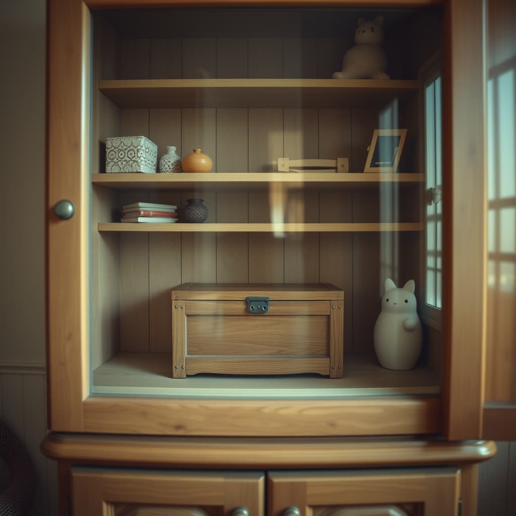 A small closed wooden toy chest stands behind glass on a living-room cabinet shelf.