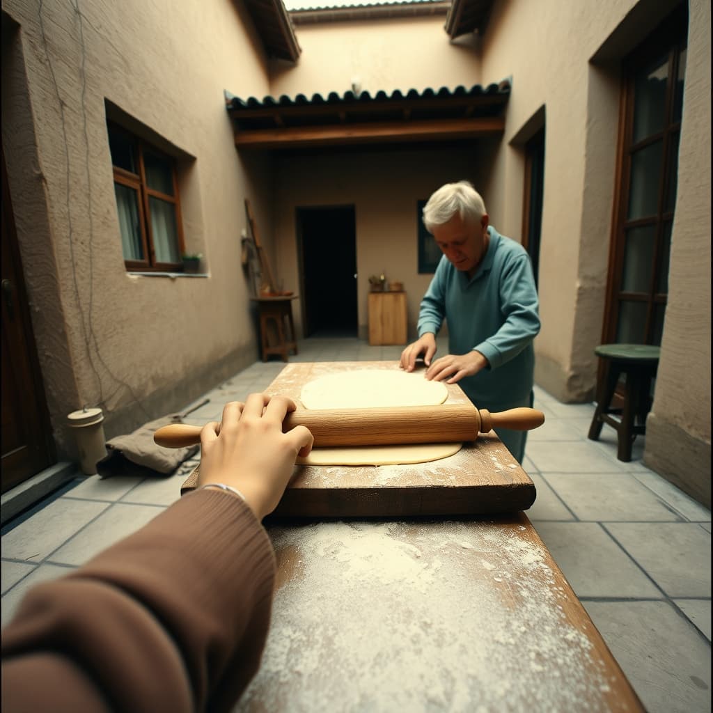 Two neighbours roll yufka dough on a low board in a courtyard, viewed from a child’s height.