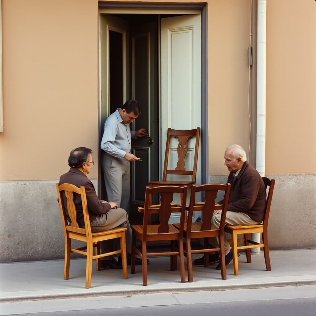 A neighbour brings an extra wooden chair to a small pavement gathering outside a doorway.