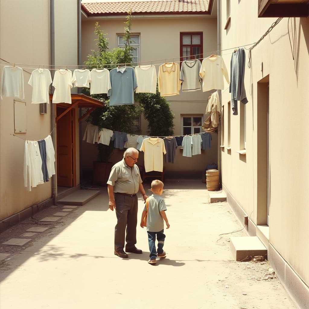 An adult collects a school shirt from a courtyard line as a child returns home with a schoolbag.