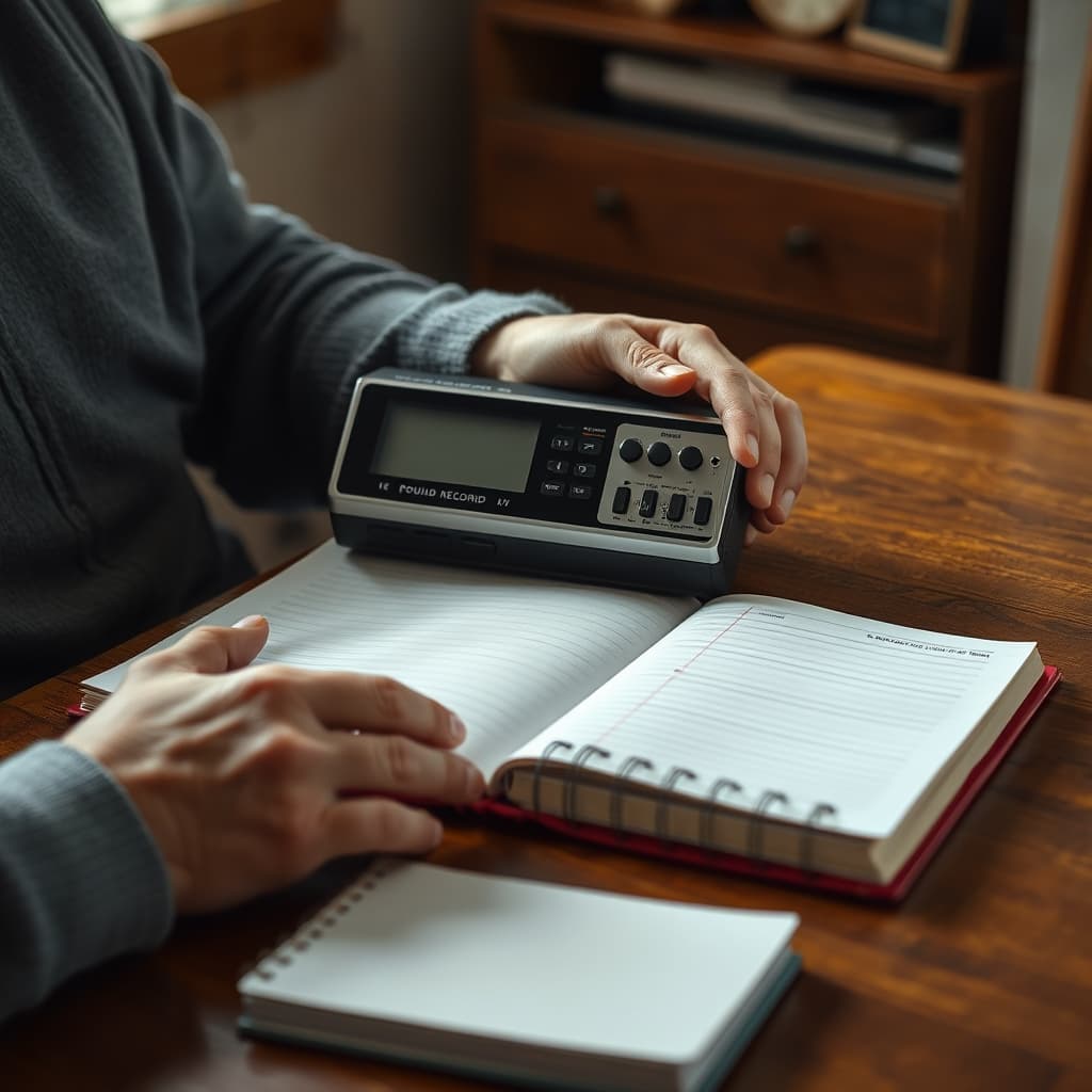 An adult considers a portable sound recorder beside a closed notebook on a household table.