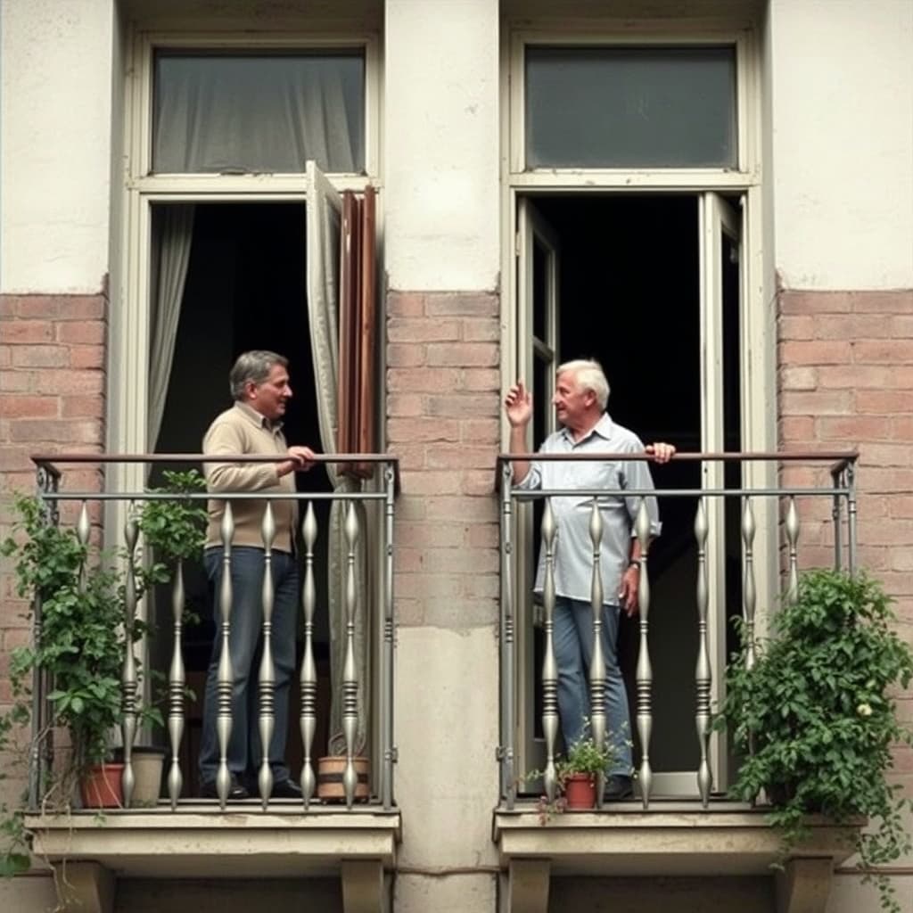 Two neighbours exchange a brief greeting from separate balconies, one standing near a doorway.