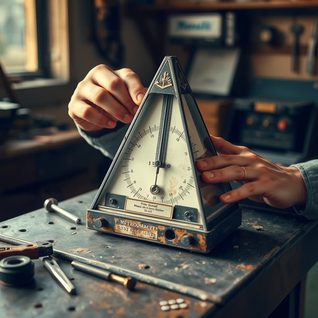A technician examines wear on the base and winding-key area of a mechanical metronome at a repair bench.