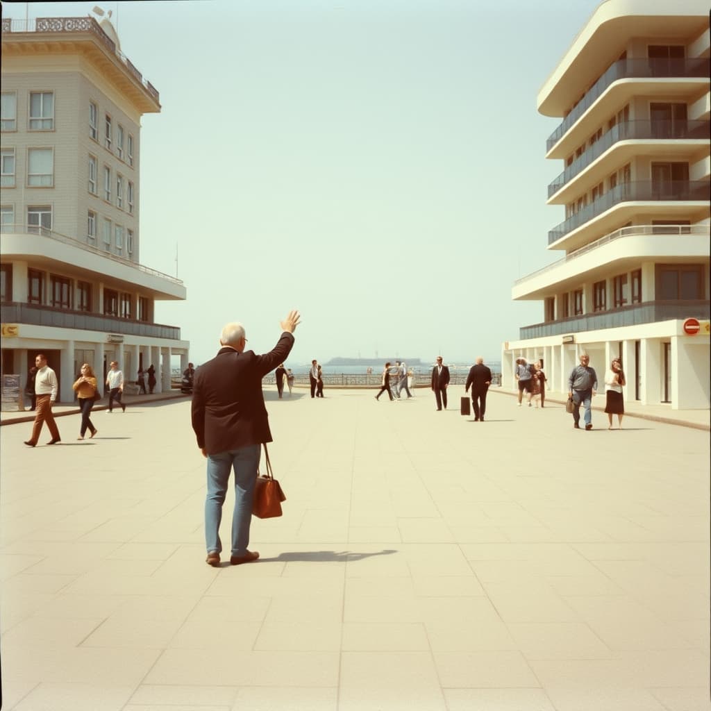 Two companions recognise each other across a busy pedestrian square near a ferry pier.
