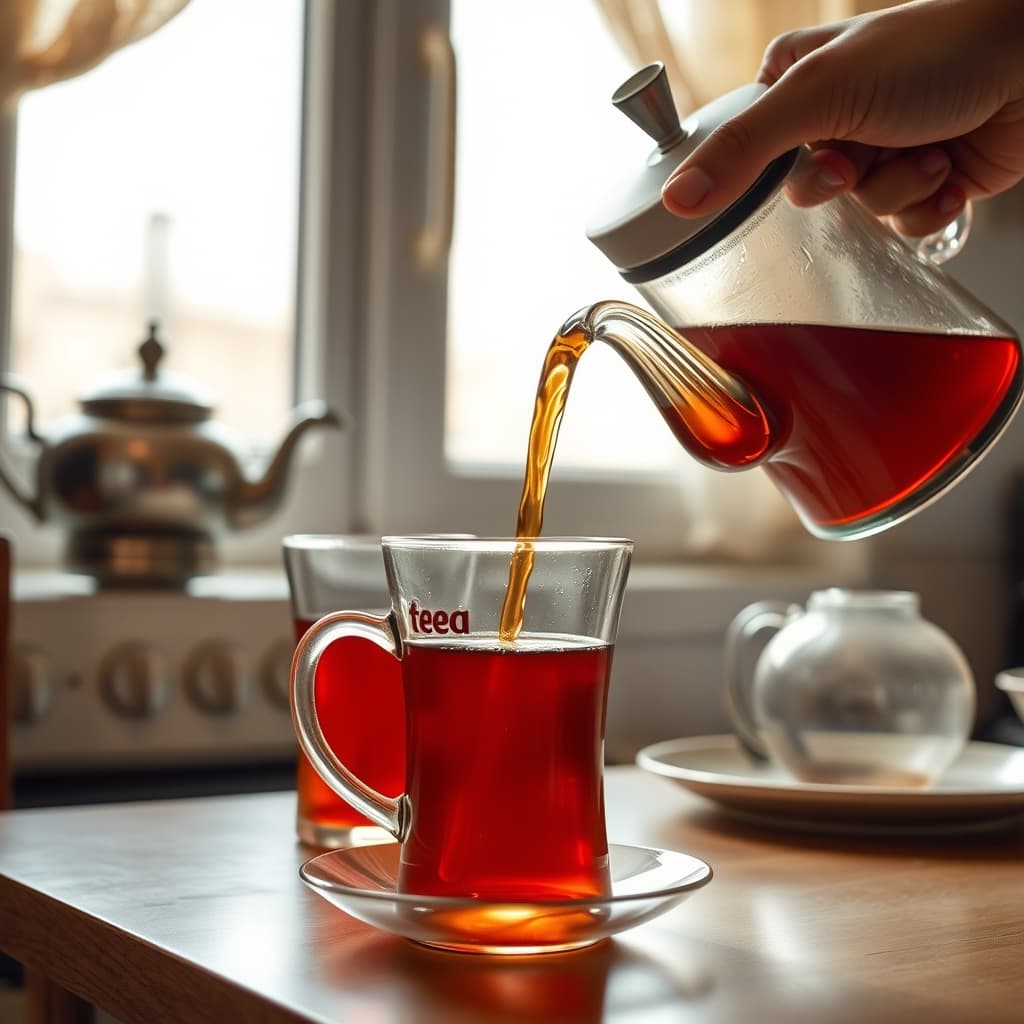 Deep red-amber Turkish tea is poured into clear glasses, including a lighter glass for a child.