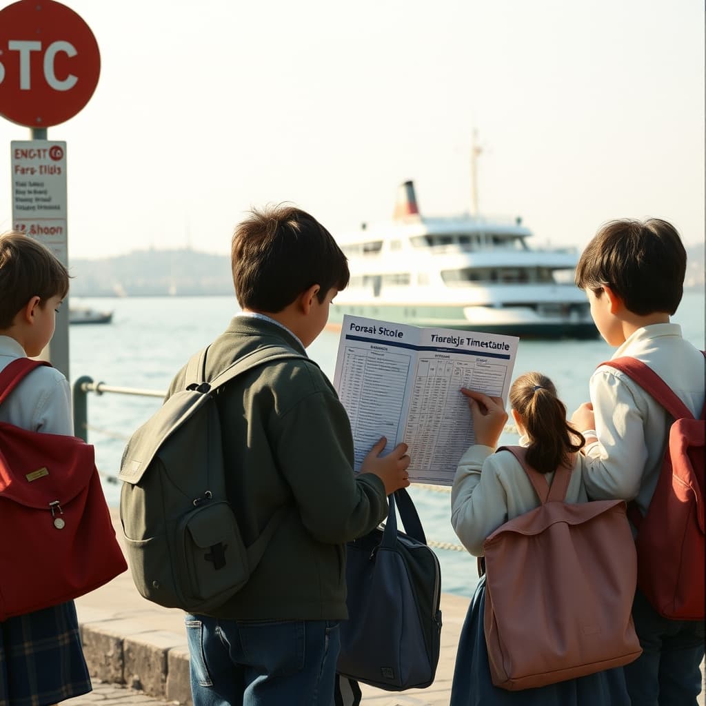 Schoolchildren consult a folded ferry timetable while a city ferry approaches the landing.