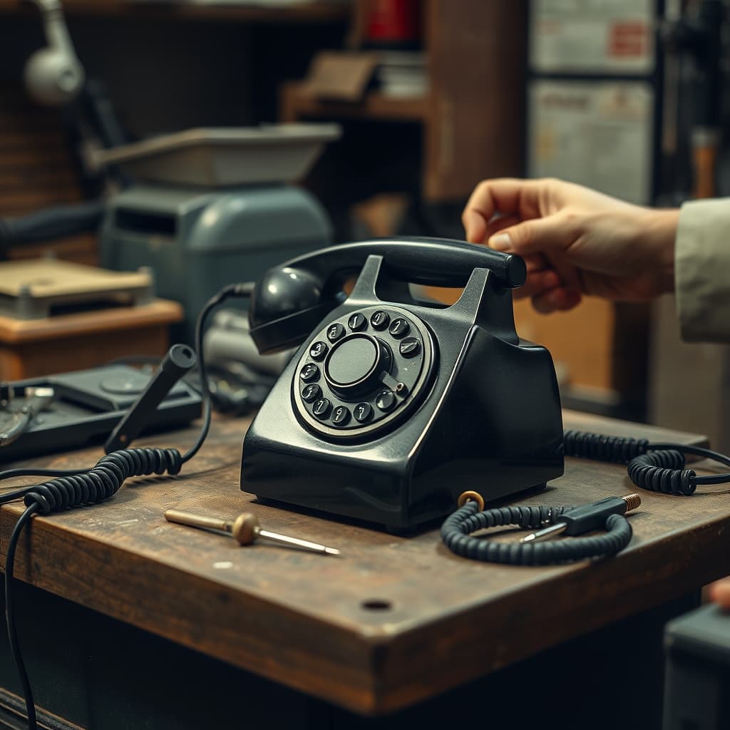 A technician checks the returning dial of a disconnected rotary telephone on a repair bench.