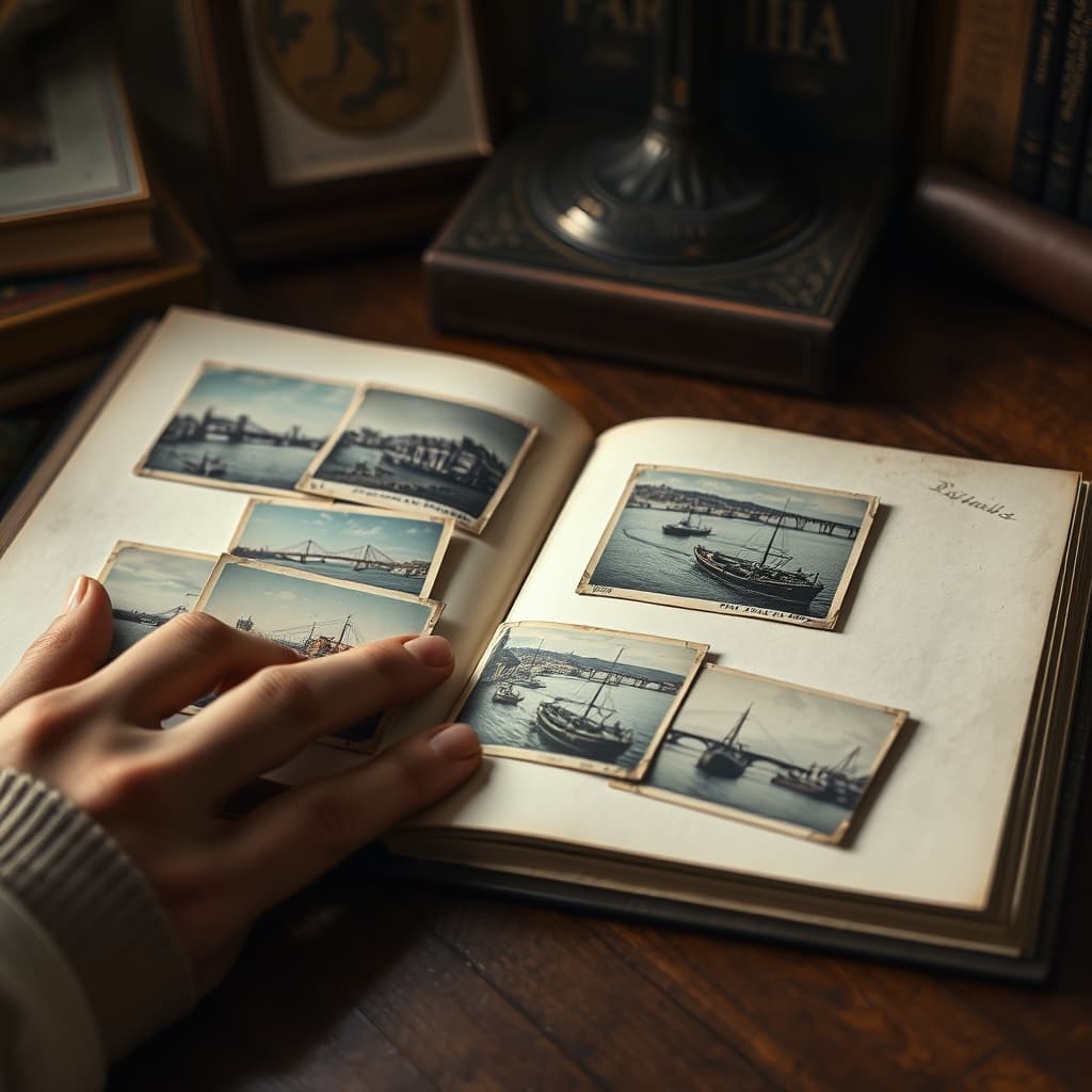 An open postcard album holds several similar waterfront and bridge views in old corner mounts.