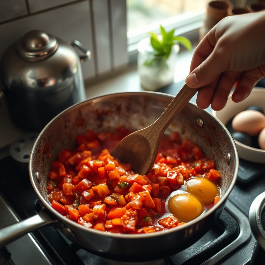 A wooden spoon reveals the consistency of tomatoes and peppers in a pan before eggs are added.