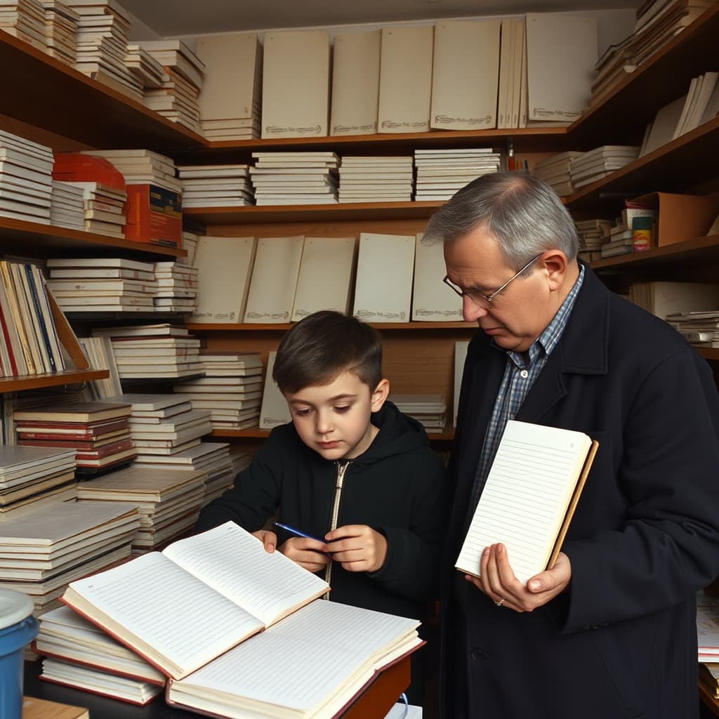 A customer compares two open notebooks with a shopkeeper at a small stationery counter.