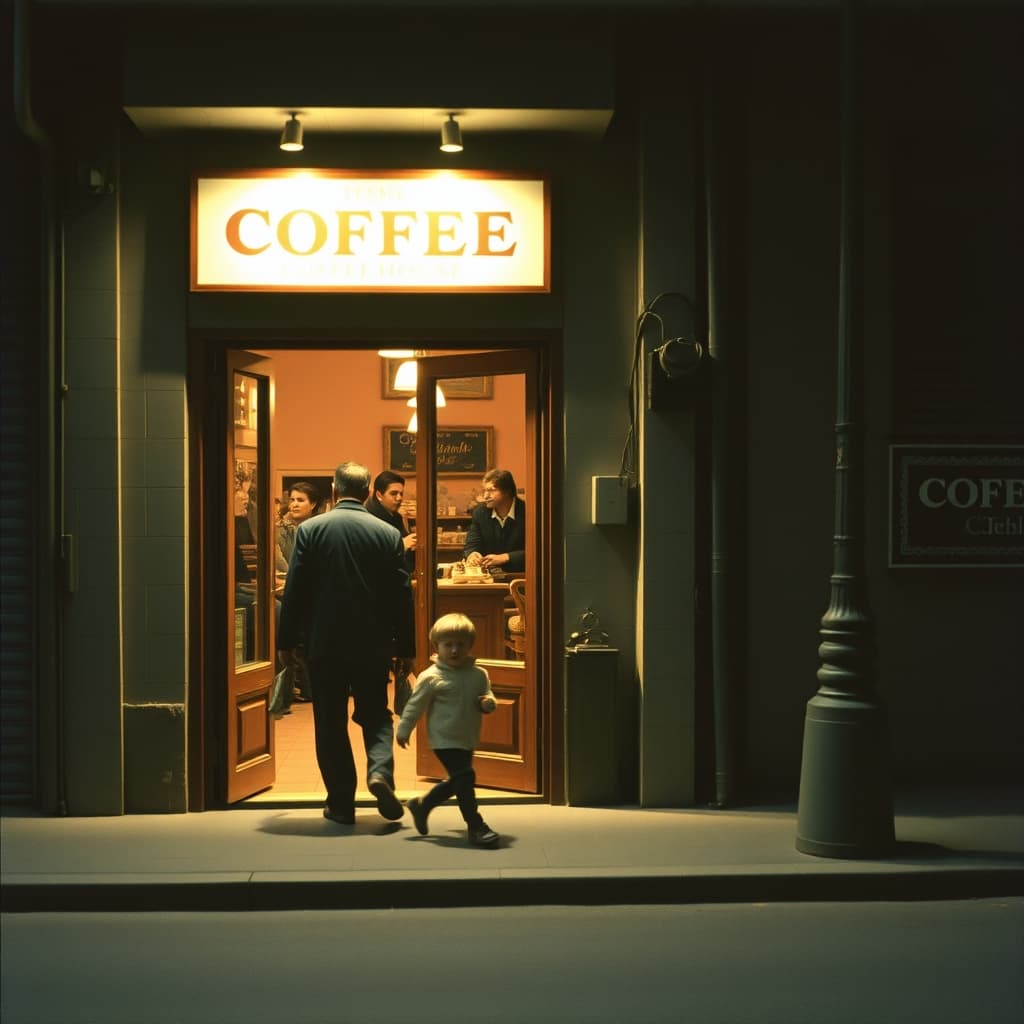 A child accompanied by an adult passes a coffeehouse doorway lit by its warm interior on a winter evening.