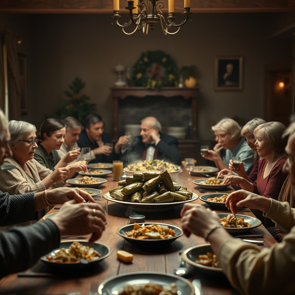 festive-stuffed-grape-leaves-crowded-family-sharing-culture
