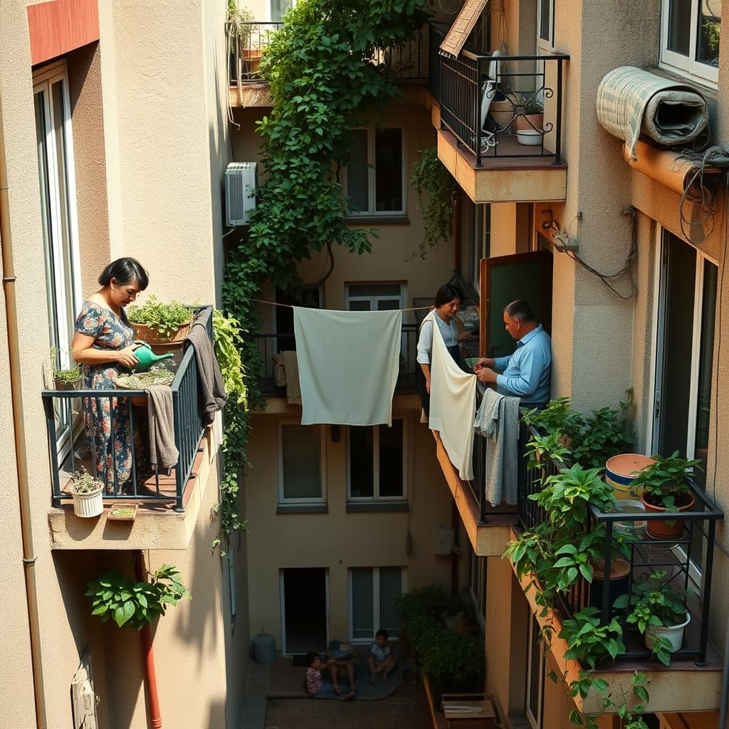 Neighbours exchanging a friendly conversation between adjacent balconies during everyday household tasks