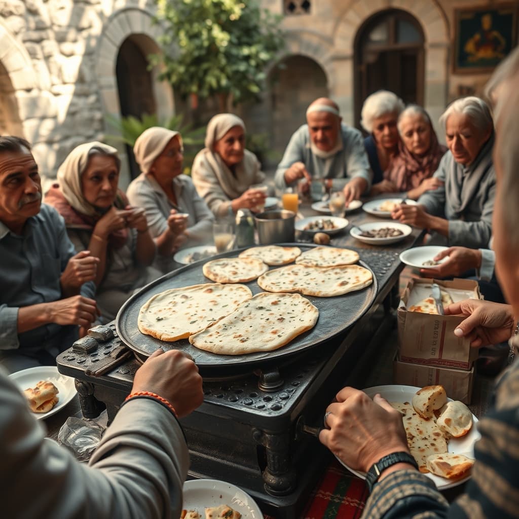 Fresh gözleme being turned on a griddle and passed to a crowded family table