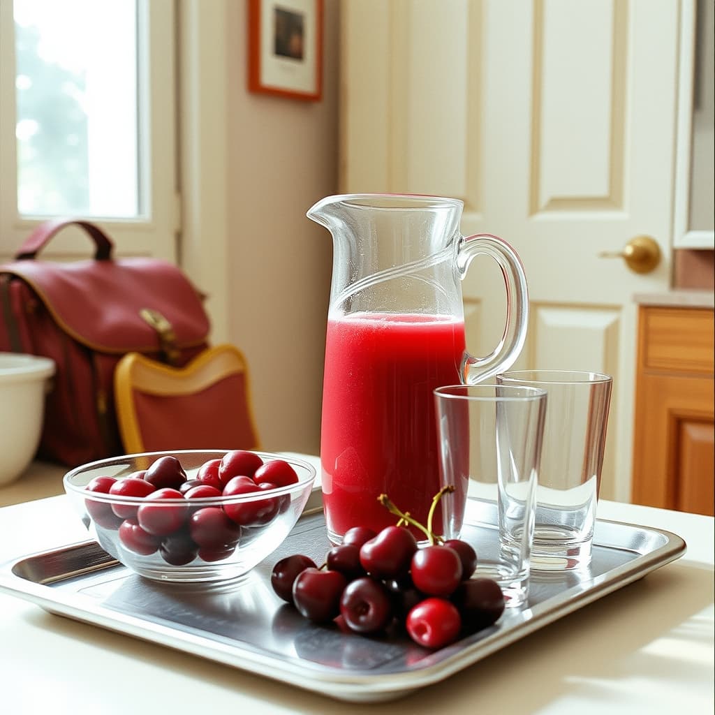 A glass jug of ruby sour cherry sherbet with fresh vişne and drinking glasses in a nostalgic home kitchen