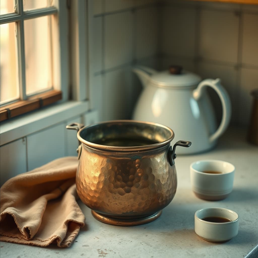 An aged hammered copper coffee cezve showing its tin lining, patina, and repaired handle on a kitchen worktop