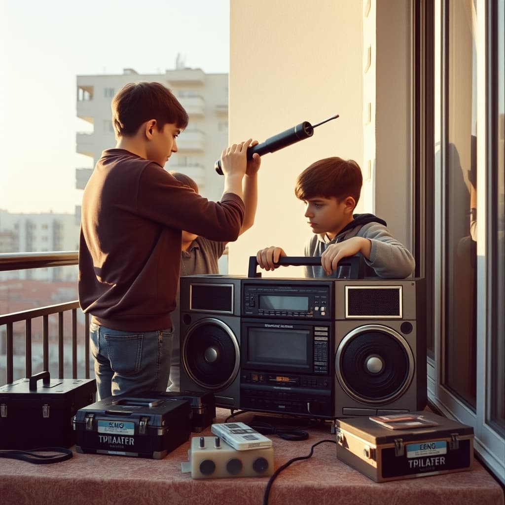 Young listeners adjusting a boombox aerial beside a balcony window with cassette cases nearby