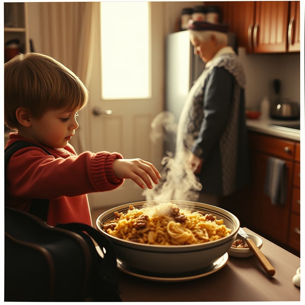 A schoolchild reaches for walnut noodle pilaf while a grandmother serves the dish in a 1970s Turkish kitchen