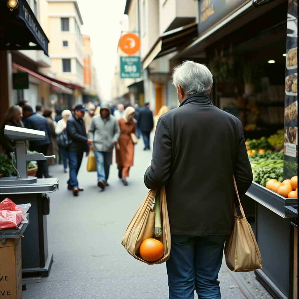 A shopper carrying reusable market bags greets a neighbourhood grocer beside scales on a 1970s Turkish street