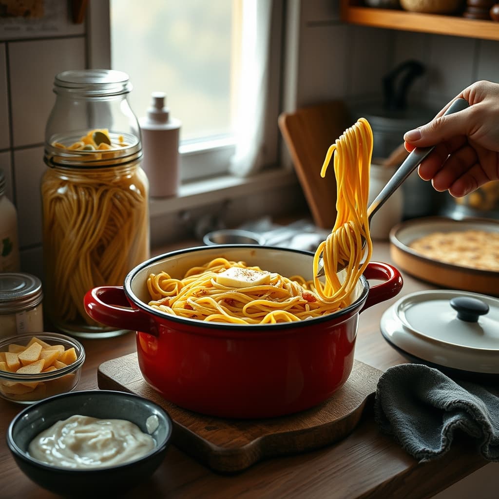 Homemade erişte noodles with browned butter served beside a pantry jar of dried noodles