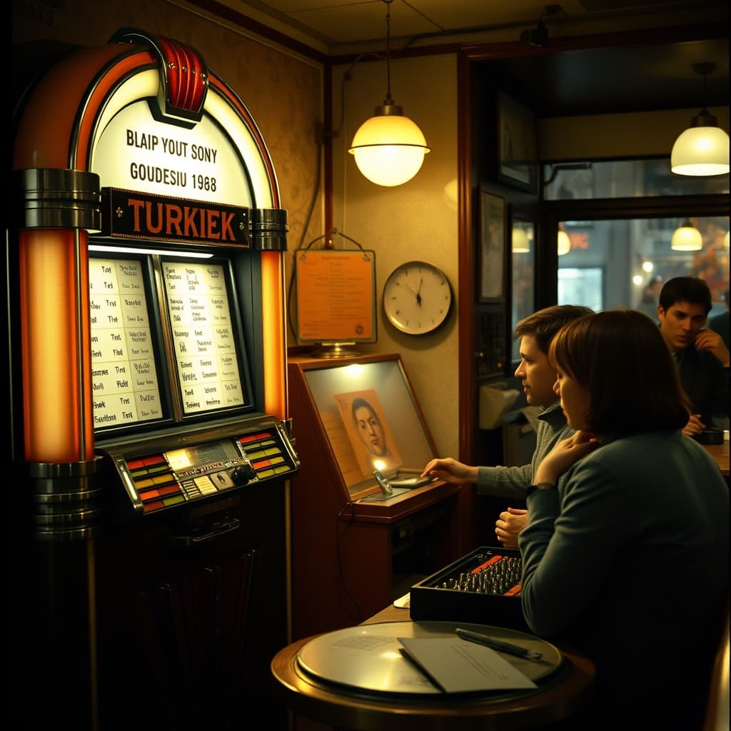 Young café patrons choose a record on a coin-operated jukebox while the room waits to hear the song