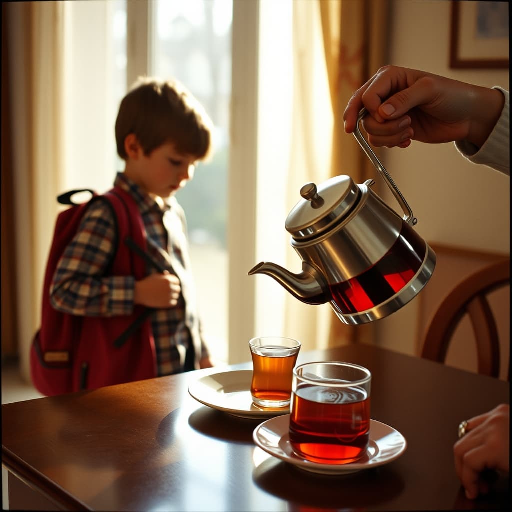 An adult safely serves deep amber tea beside an after-school plate as a child sets down a schoolbag