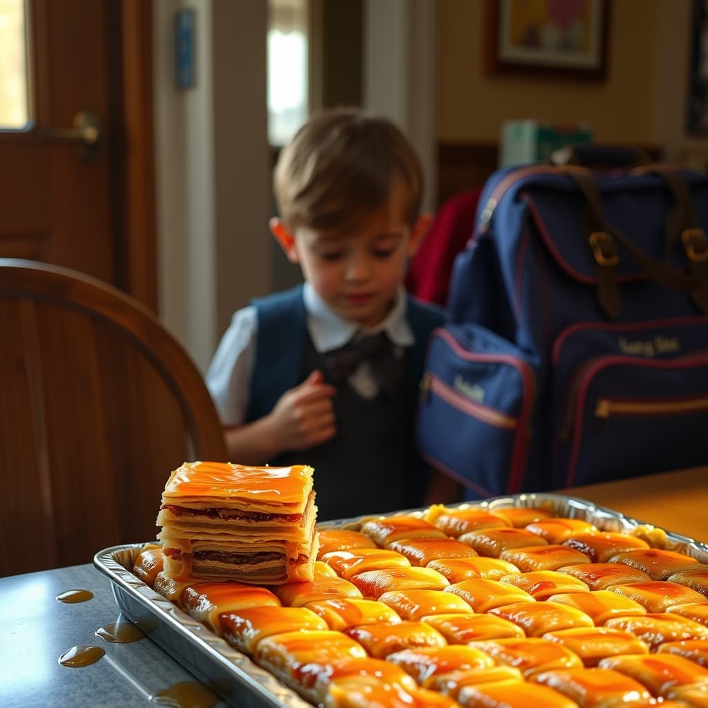 A schoolchild returning home to a freshly prepared tray of layered homemade baklava