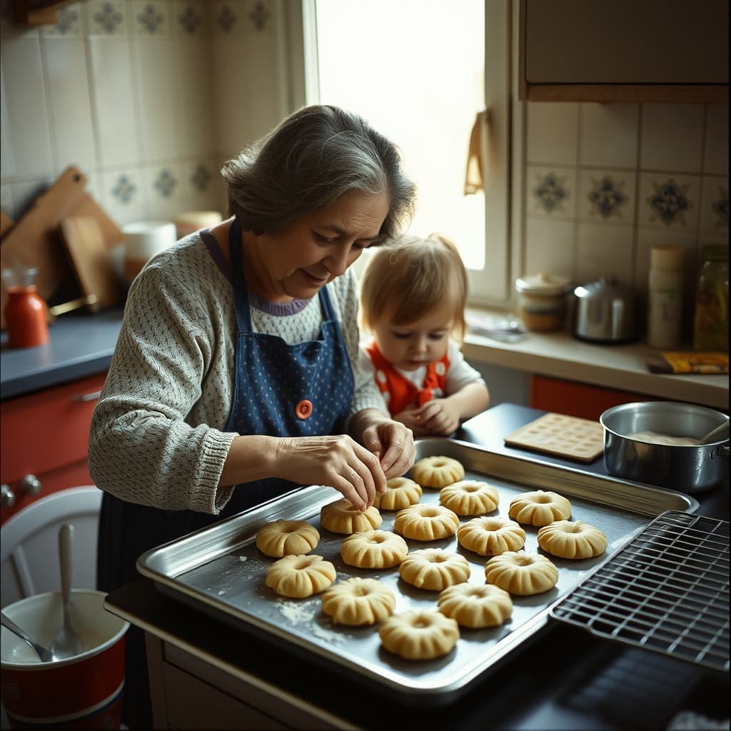 A grandmother and child shaping family biscuits on a baking tray beside simple household measures