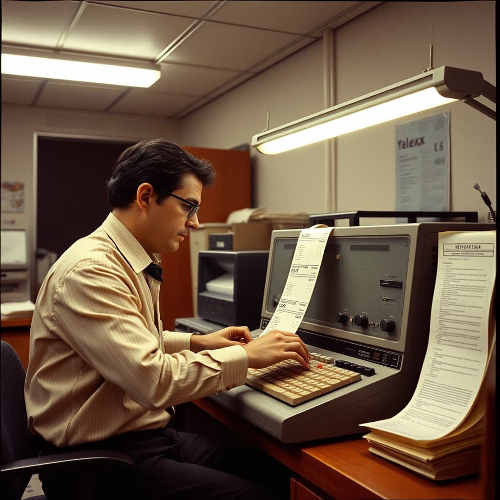 A telex operator feeding perforated paper tape into a mechanical office telex machine