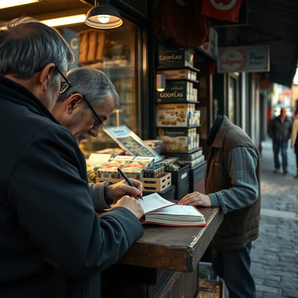 A shopkeeper discreetly recording a familiar customer's purchase in a worn neighbourhood credit ledger