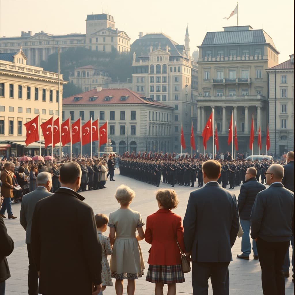 Families and students gather with Turkish flags for an orderly Victory Day ceremony in a 1960s city square