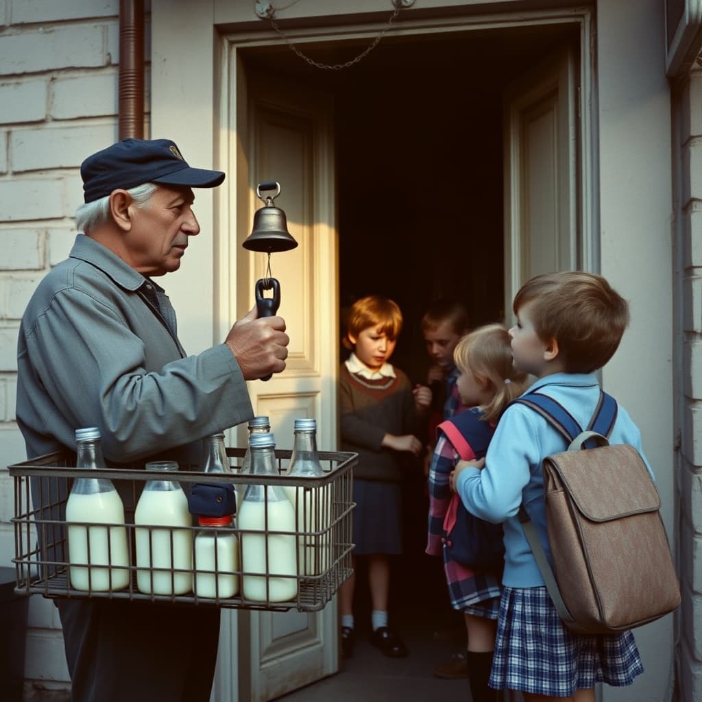A milkman with glass bottles ringing his bell as schoolchildren wait at a neighbourhood doorway