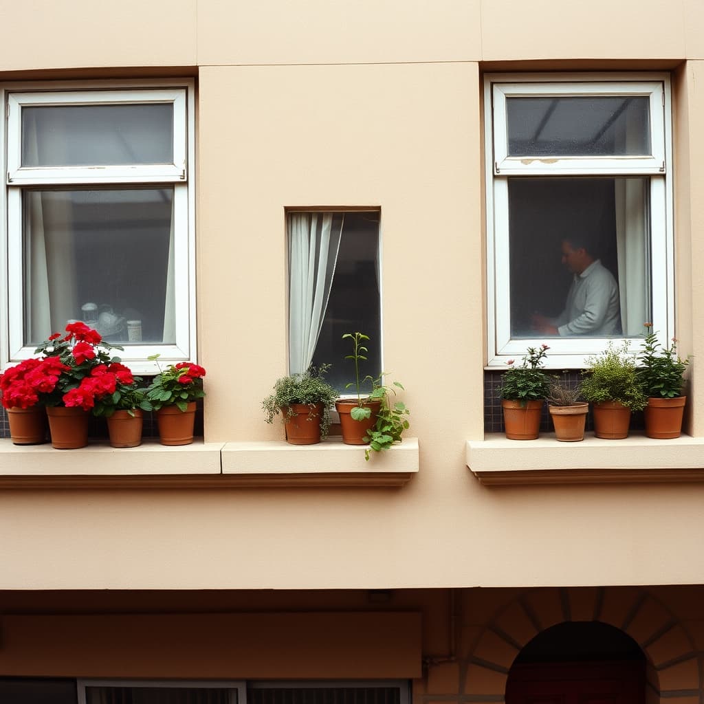 Neighbours exchanging a plant cutting between windows lined with secure flowerpots on an old stone street