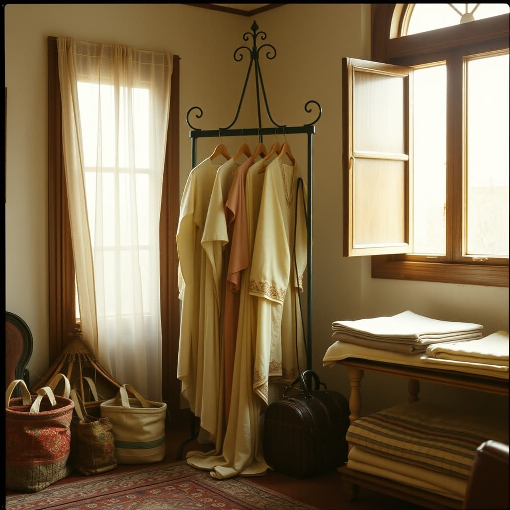 An ornate wrought-iron coat stand holding covered garments in a traditional dowry room