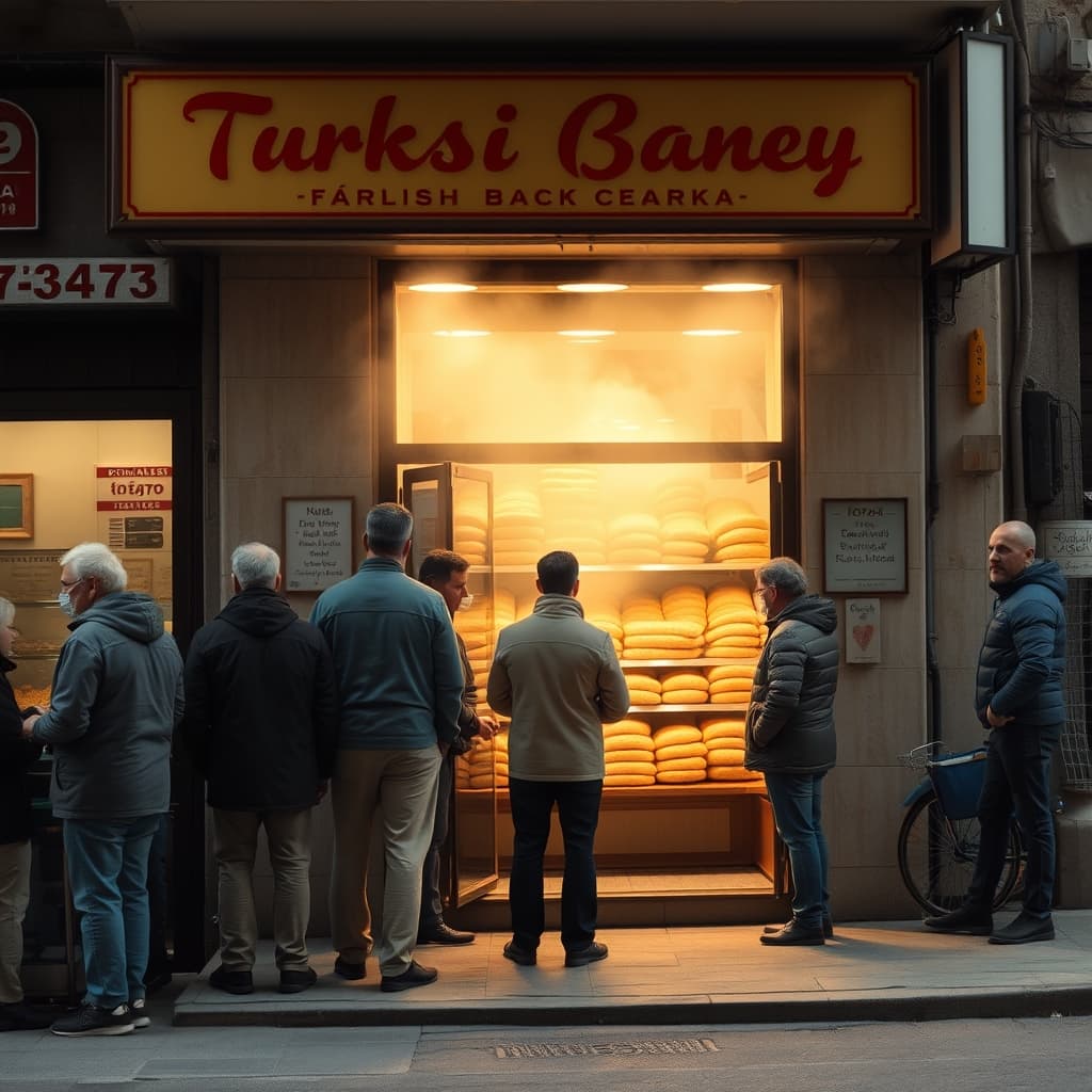 Neighbours waiting outside a bakery as a fresh batch of warm bread reaches the counter
