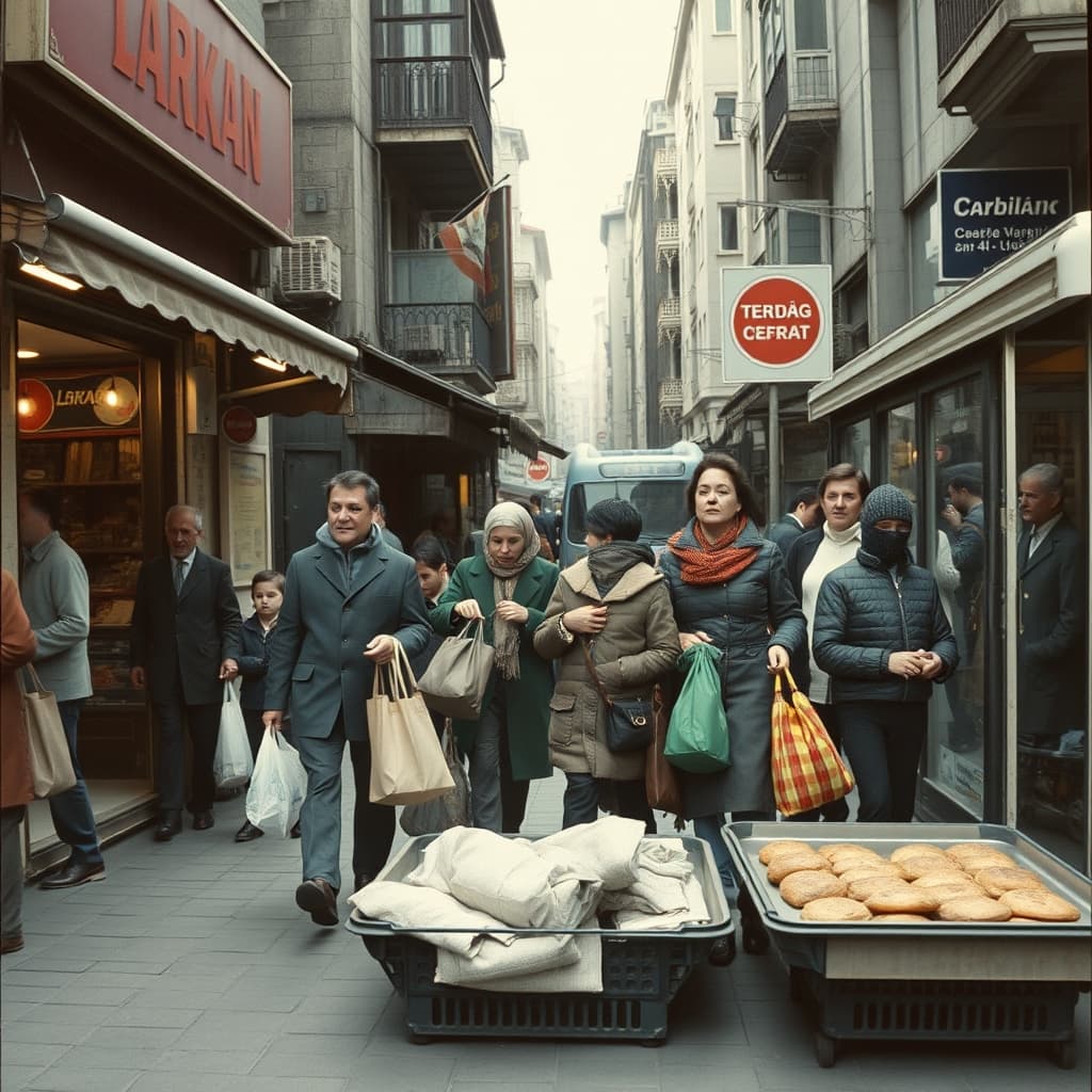 A crowded old-city street with busy shops and families preparing on the eve of Bayram