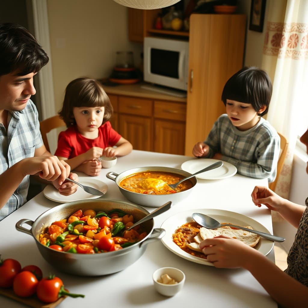 A family shares freshly cooked summer menemen with bread and clean utensils around a bright 1970s kitchen table