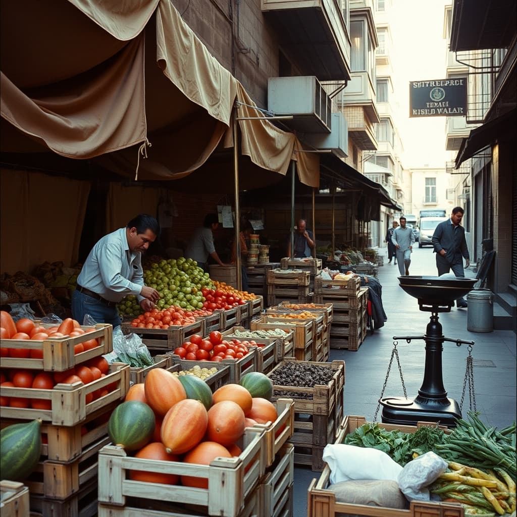 Vendors setting up produce crates and a mechanical scale before a nostalgic neighbourhood market opens
