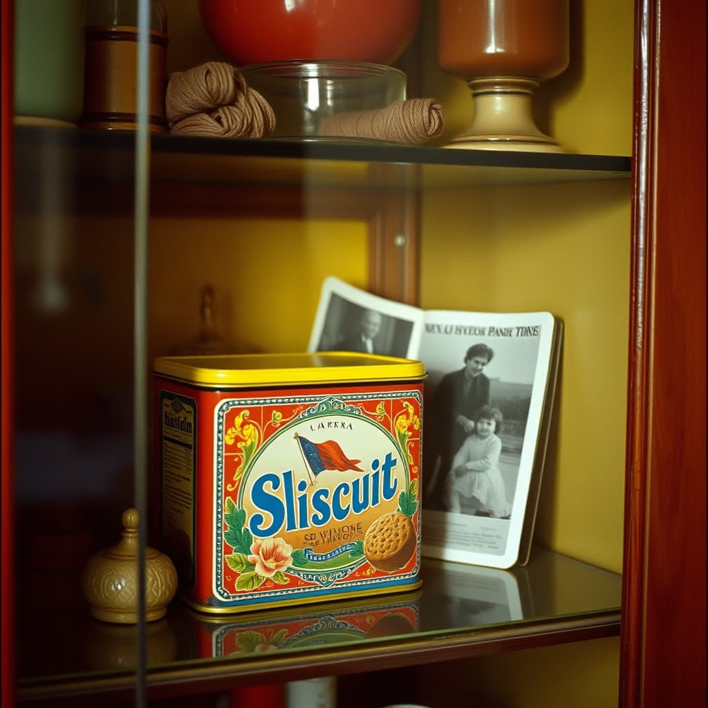 A vintage biscuit tin reused for sewing supplies and photographs inside a glass-fronted cabinet